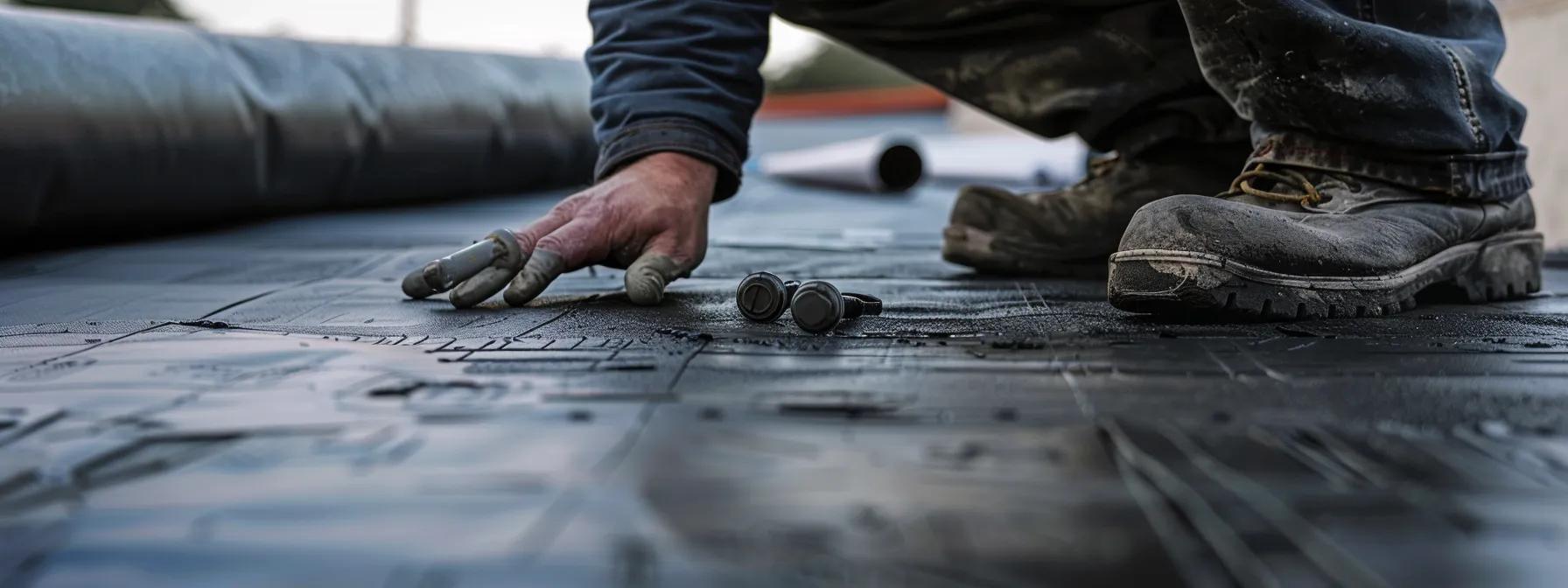 a close-up view of a professional roofing contractor examining a high-quality waterproof roofing membrane in an urban office setting, with detailed blueprints and repair tools laid out, emphasizing the importance of material compatibility and thorough inspections.