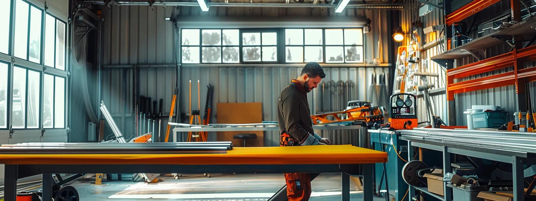 a dynamic indoor workshop scene showcases a determined homeowner meticulously planning a diy metal roofing installation, surrounded by sleek tools and vibrant metal panels, illuminated by bright overhead lighting to highlight the project's precision and ambition.