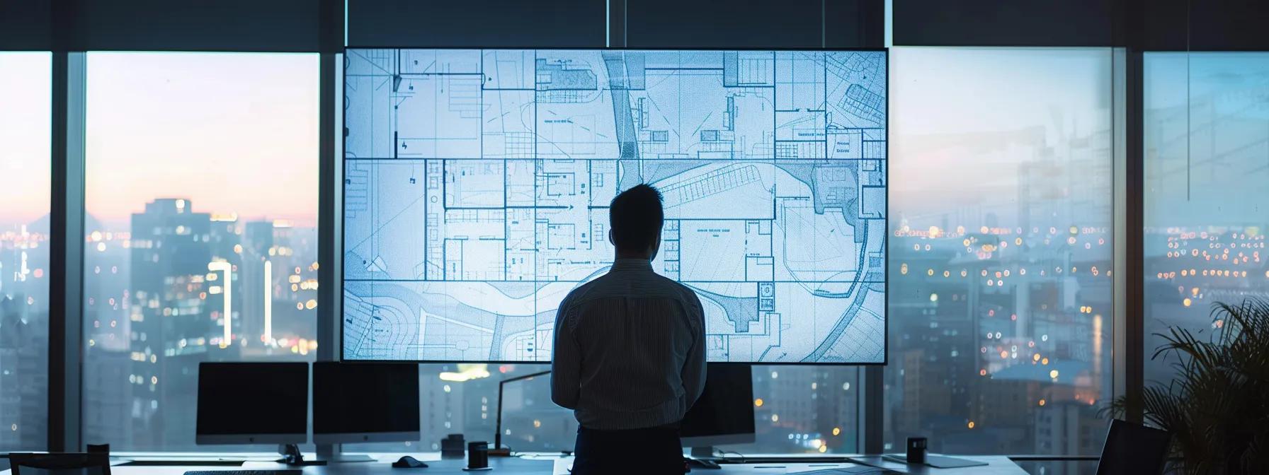 a focused architect stands in a sleek urban office, intently studying a large blueprint on a digital screen, showcasing intricate details of building codes and regulations for a metal roof installation.