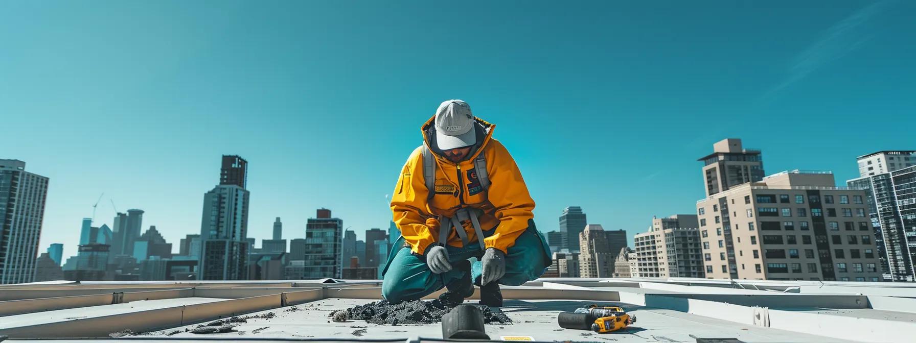 a focused close-up of a technician inspecting a waterproofed roof, highlighting signs of wear such as crack formations and debris, set against the backdrop of a modern urban skyline under clear blue skies, emphasizing the importance of regular maintenance for longevity.
