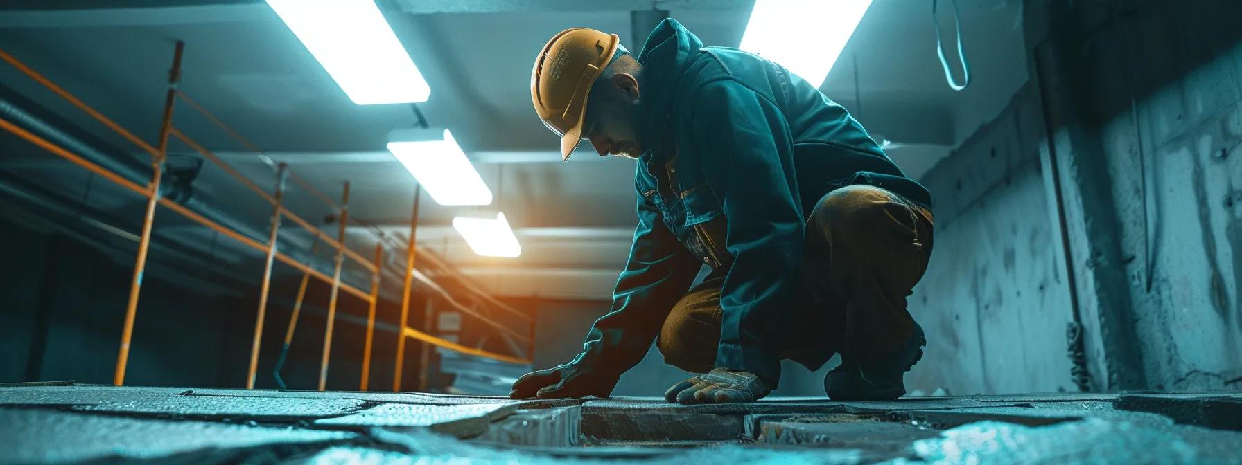 a focused technician inspects a waterproof roof repair area, highlighting visible cracks and seam issues under bright overhead lights in a modern urban setting, emphasizing the importance of precise troubleshooting in maintaining roof integrity.