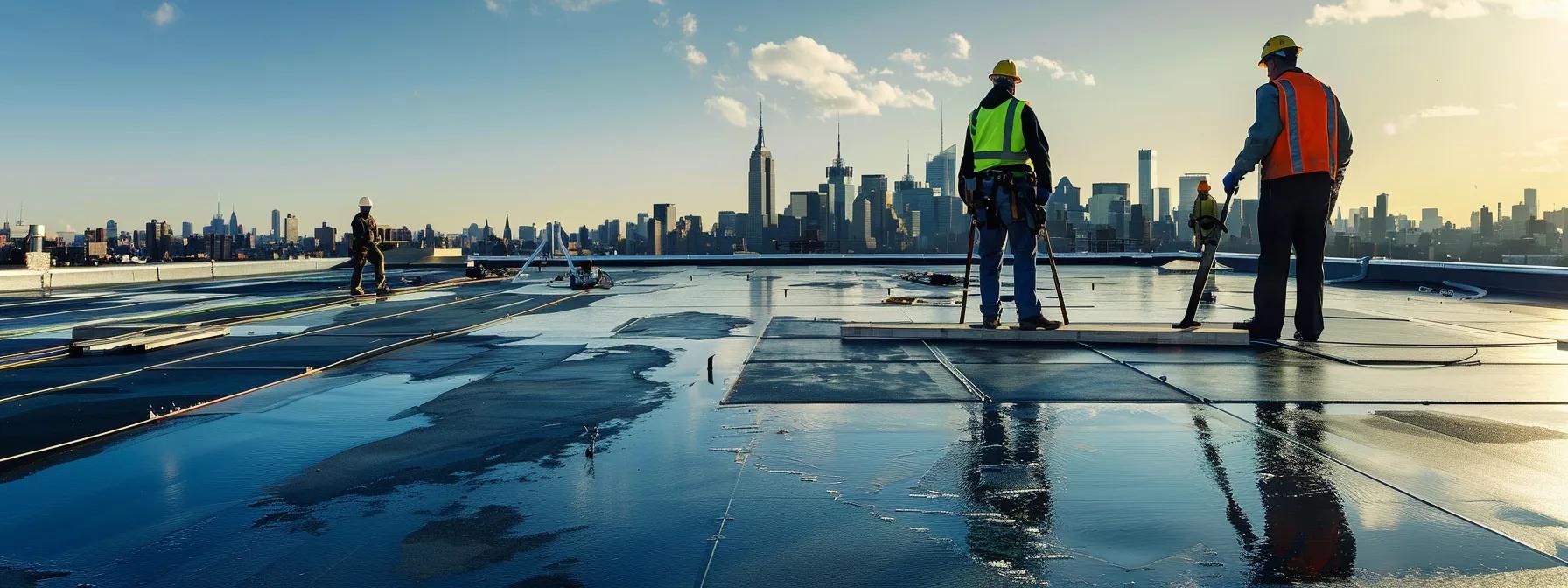 a meticulously organized roofing workshop displays professionals applying a high-tech waterproofing system on a flat roof, emphasizing the importance of structural integrity and effective water protection against a backdrop of urban skyline.