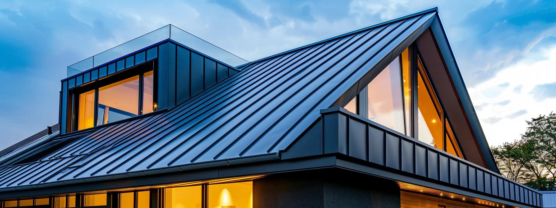 a modern home featuring a newly installed, gleaming metal roof, highlighted against a sleek urban backdrop, showcasing its durability and aesthetic appeal under soft indoor lighting.