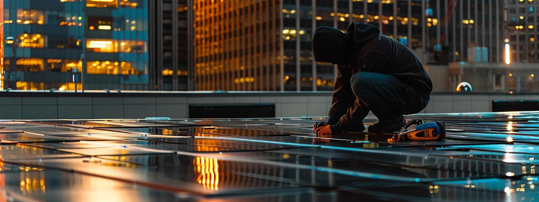 a professional contractor inspects a gleaming metal roof under bright artificial lighting in an urban setting, highlighting tools and safety gear as essential elements of the routine maintenance process.