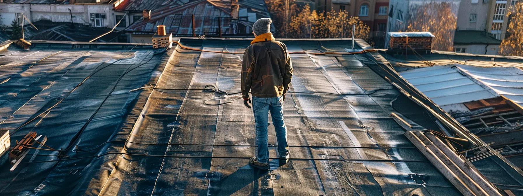 a professional roofer meticulously inspects a weathered commercial roof adorned with various materials and tools, ensuring a clean and prepared surface for waterproof repair in a modern urban setting.