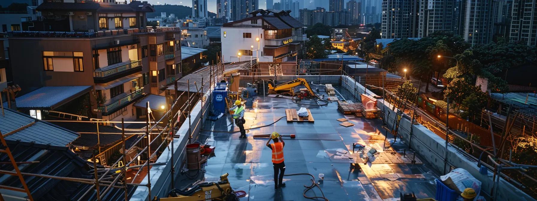 a skilled contractor meticulously applies waterproofing material on a multi-layered rooftop, surrounded by tools and safety equipment under bright, artificial workspace lighting, emphasizing the precision and professionalism required for a successful roof repair project.