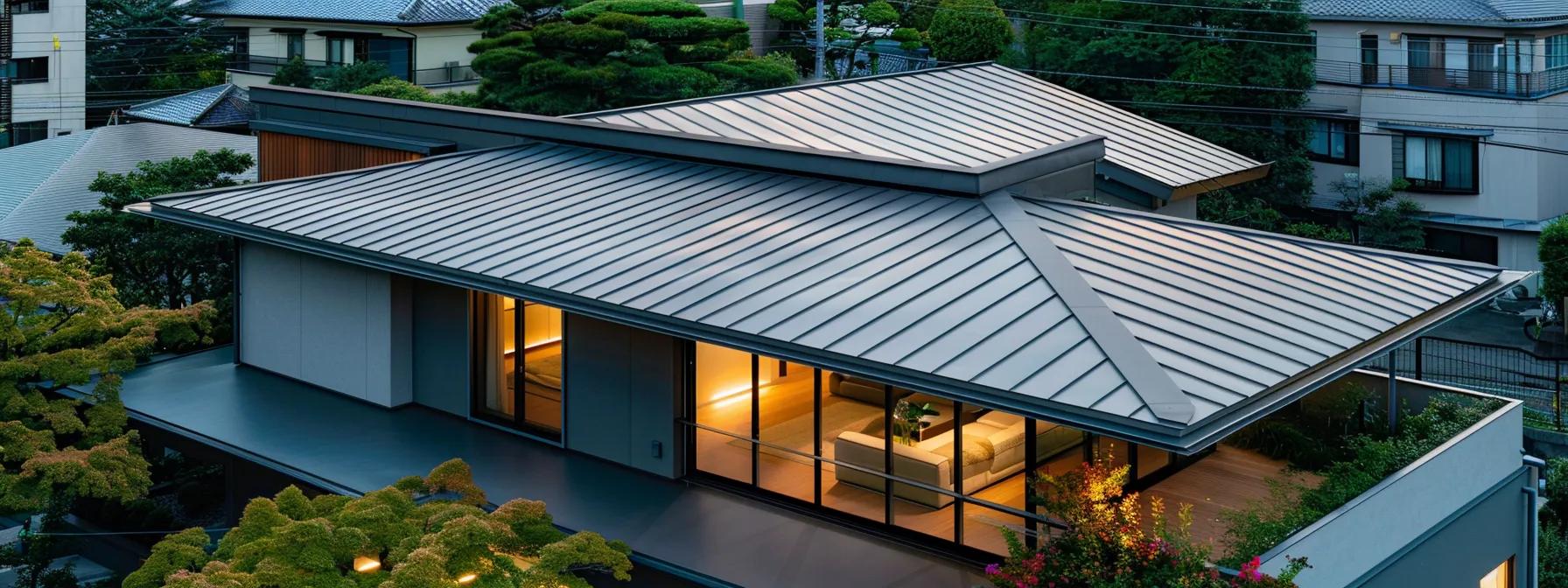 a sleek, modern home showcases a stunning, reflective metal roof that glimmers under vibrant artificial lighting, emphasizing its durability and contemporary design against a stylish urban backdrop.