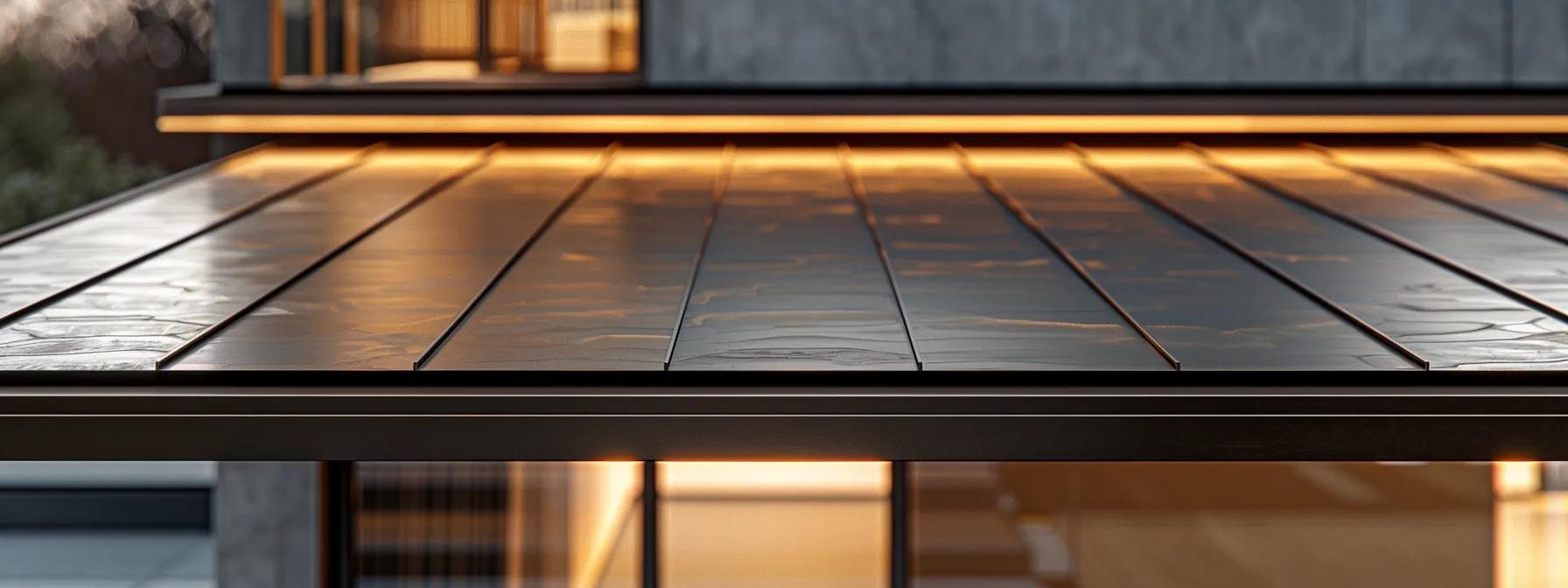 a sleek, modern home showcases a variety of metal roofing options, highlighting different textures and finishes under dramatic studio lighting to emphasize their durability and aesthetic appeal.