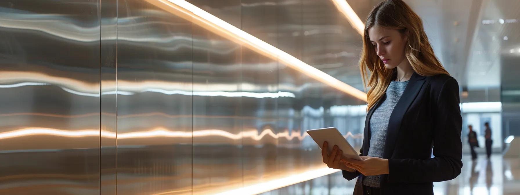 a sleek, modern office featuring a polished metal roofing display, with a focused professional reviewing installation guides and energy efficiency data on a digital tablet, illuminated by bright, artificial lighting.