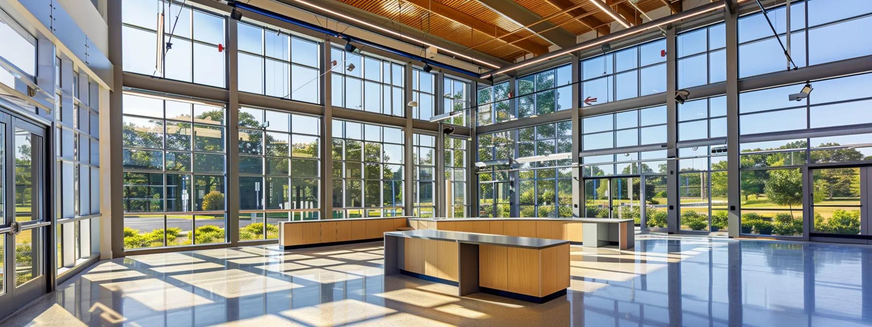 a sleek, modern office showcases a striking metal roofing installation prominently displayed above large windows, emphasizing its durability and aesthetic appeal while featuring samples of different metal types arranged on a stylish conference table.