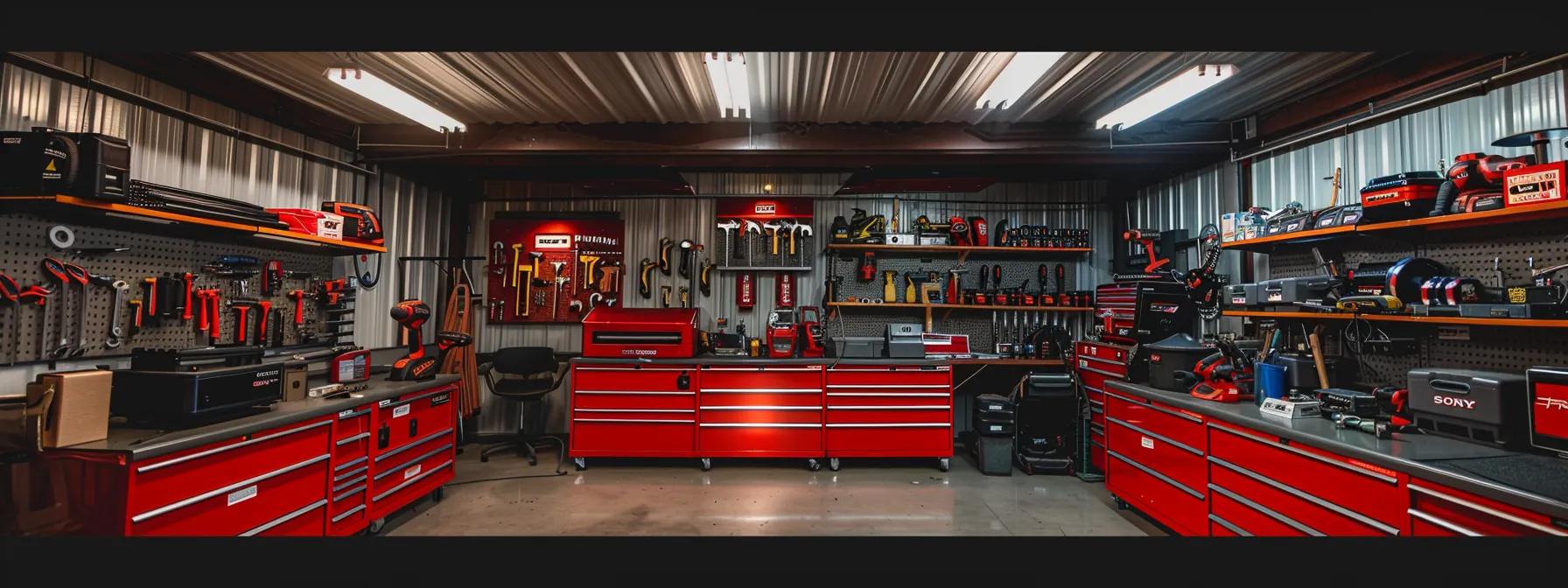 a well-organized metal roofing workspace showcases an array of essential tools, including hammers, impact drivers, and metal shears, meticulously arranged on a sturdy workbench, illuminated by overhead lights that create a professional and focused atmosphere.