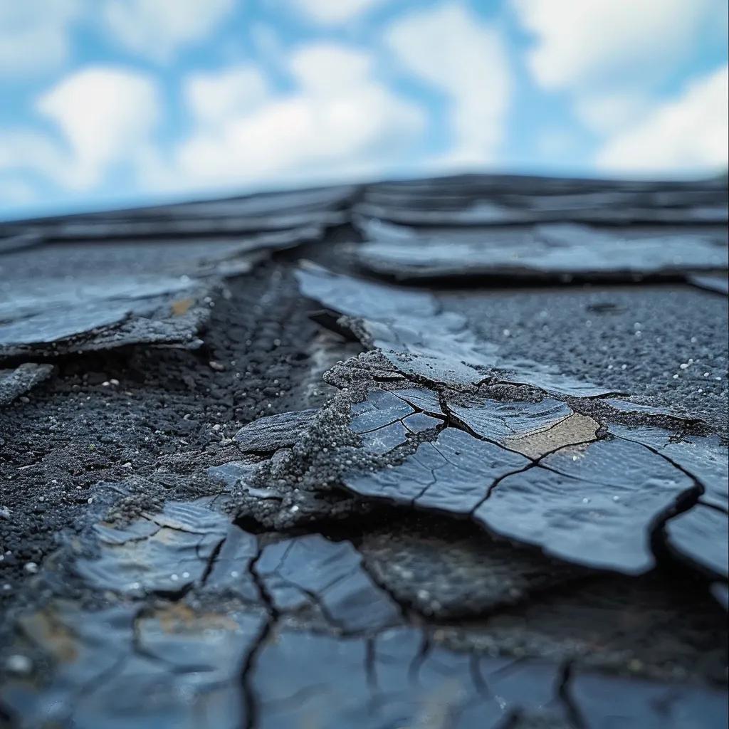 Close-up of damaged asphalt shingles showing curling and cracking, illustrating common roof repair issues