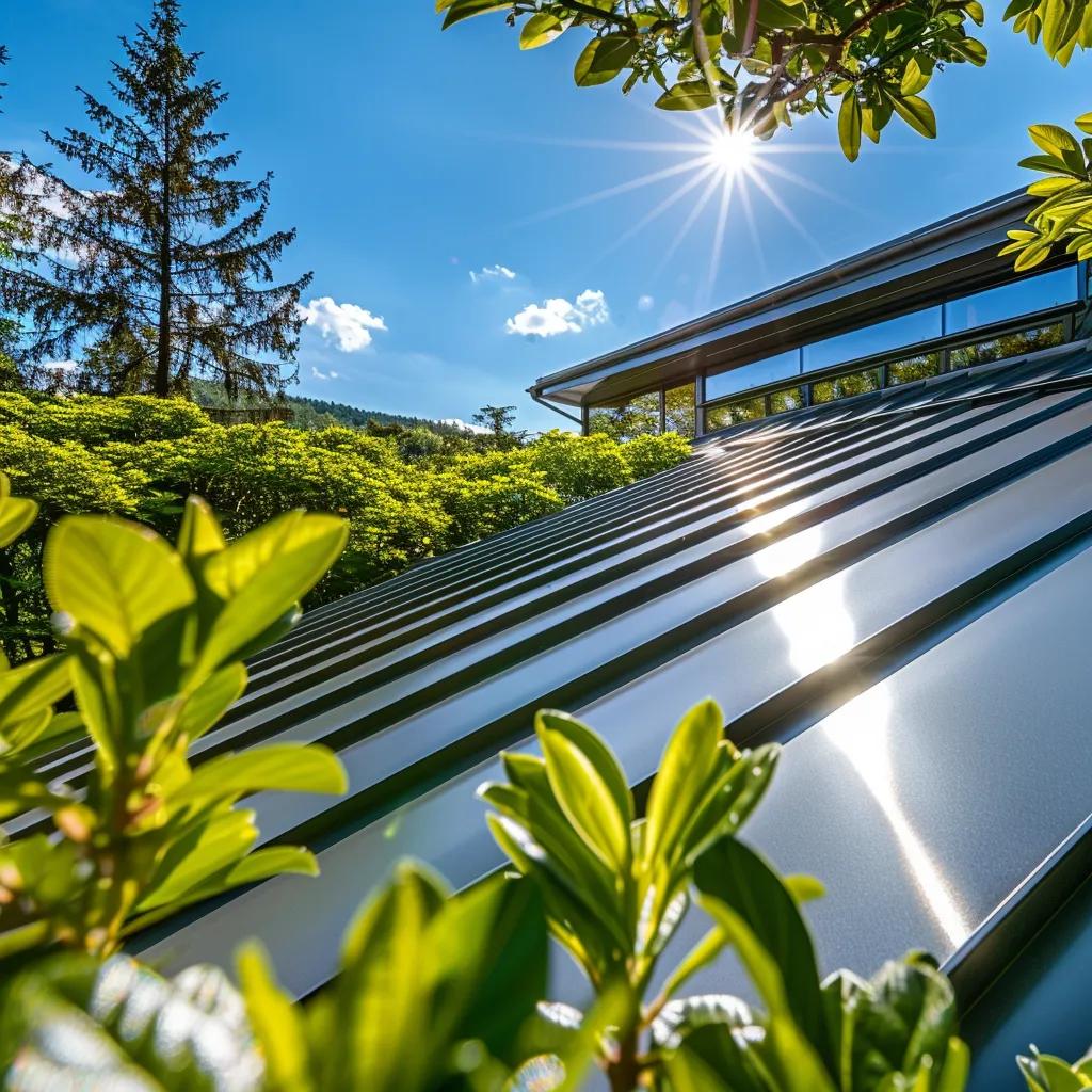 Metal roof with cool roof technology reflecting sunlight, emphasizing energy efficiency and sustainability
