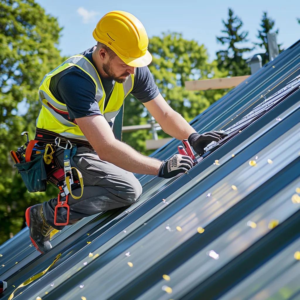 Professional installer aligning metal roof panels on a residential home, emphasizing the importance of quality installation