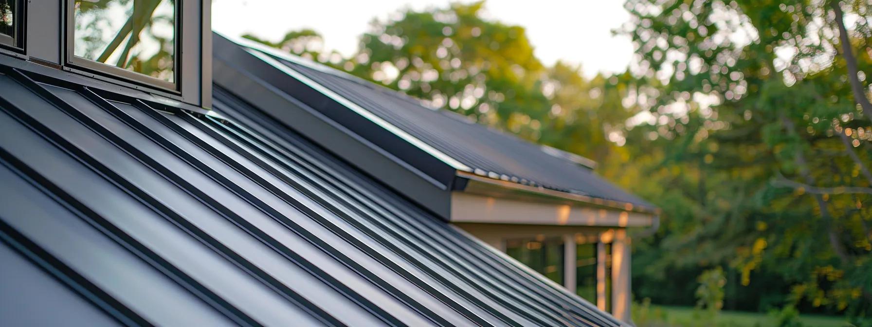 a professional metal roofing contractor inspects a modern steel roof installation on a suburban fort wayne home, showcasing their expertise under vibrant, artificial lighting in a clean, organized outdoor work environment.