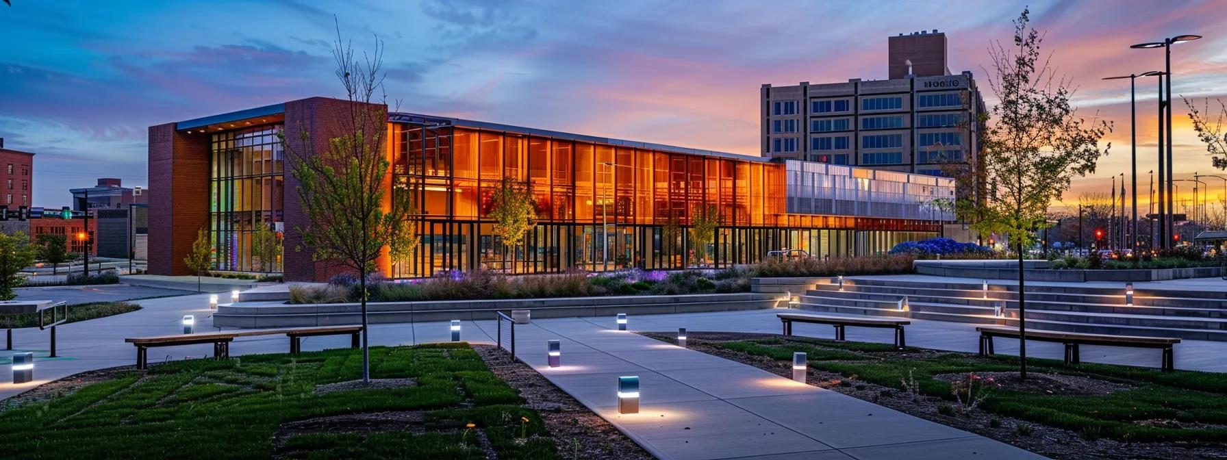 a striking urban scene featuring a modern fort wayne building showcasing a sleek array of metal roofing options including glimmering steel, aluminum, and copper, under bright artificial lighting that highlights the textures and colors of the materials.