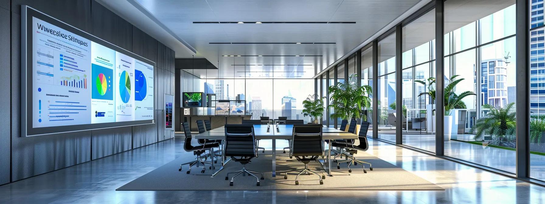 a sleek, modern office space features a digital presentation on a large screen, vividly illustrating roofguard solutions' innovative techniques for protecting roofs from summer heat damage, with charts and graphics that highlight their effectiveness against extreme temperatures.