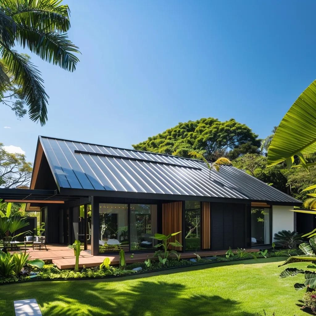 Modern home with a sleek metal roof surrounded by greenery, highlighting energy efficiency and aesthetic appeal