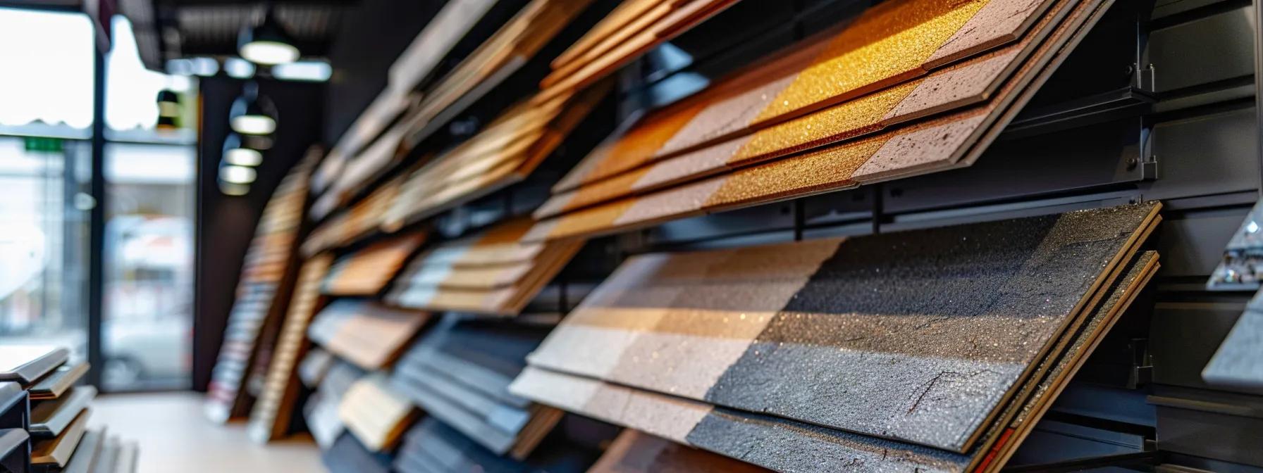 a modern roofing materials showroom showcases sleek asphalt and metal samples designed for heat resistance, illuminated by focused overhead lights that accentuate their innovative textures and finishes.