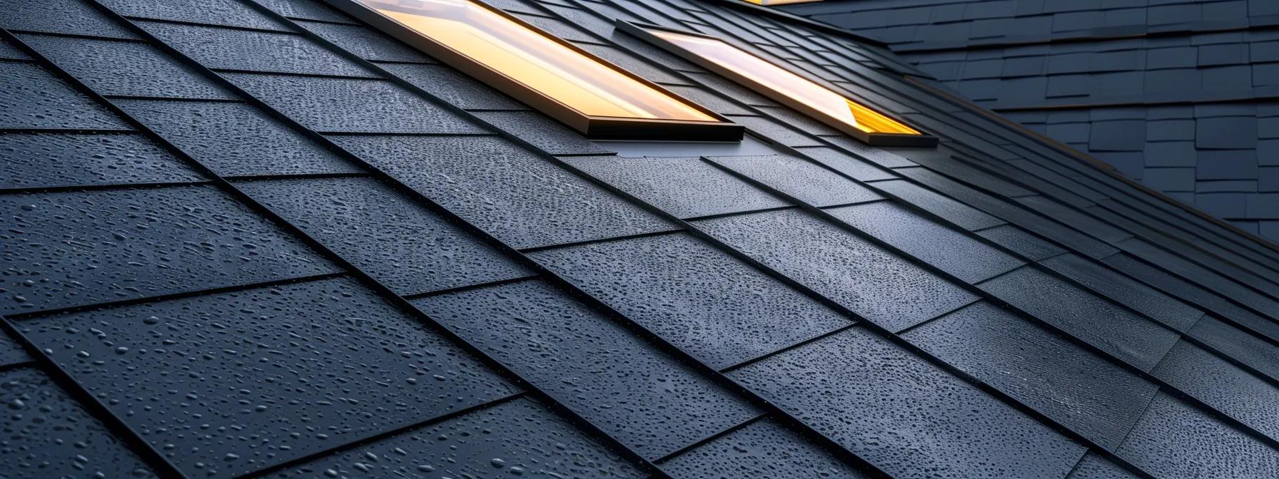 a modern roofing showroom features a side-by-side comparison of sleek asphalt shingles and shiny metal panels under bright led lights, emphasizing the materials' energy efficiency and aesthetic appeal.