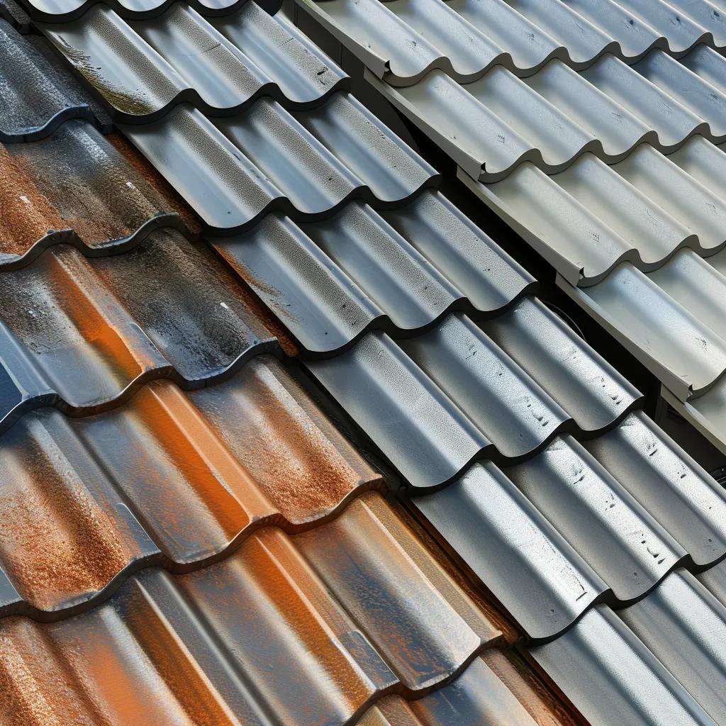 Variety of metal roofing types including standing seam, corrugated panels, and metal shingles, showcasing their unique textures and colors