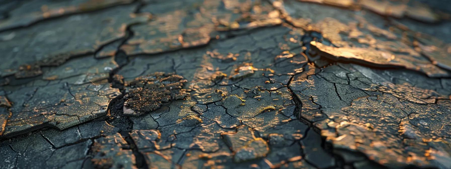 a close-up view of a cracked and weathered asphalt roofing shingle, illuminated by harsh summer sunlight, vividly showcasing signs of deterioration and oxidation to emphasize the impact of extreme heat on roofing materials.