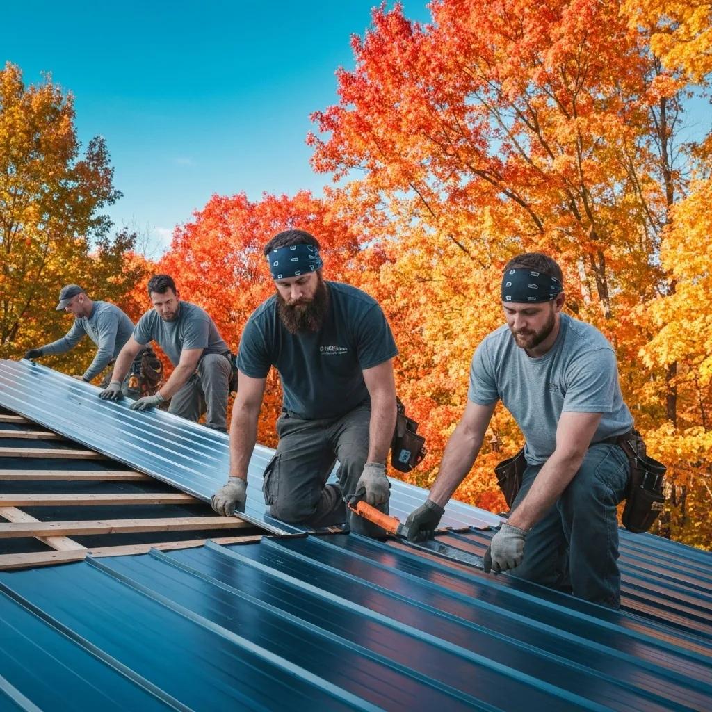 Roofing crew installing a metal roof in ideal autumn weather conditions