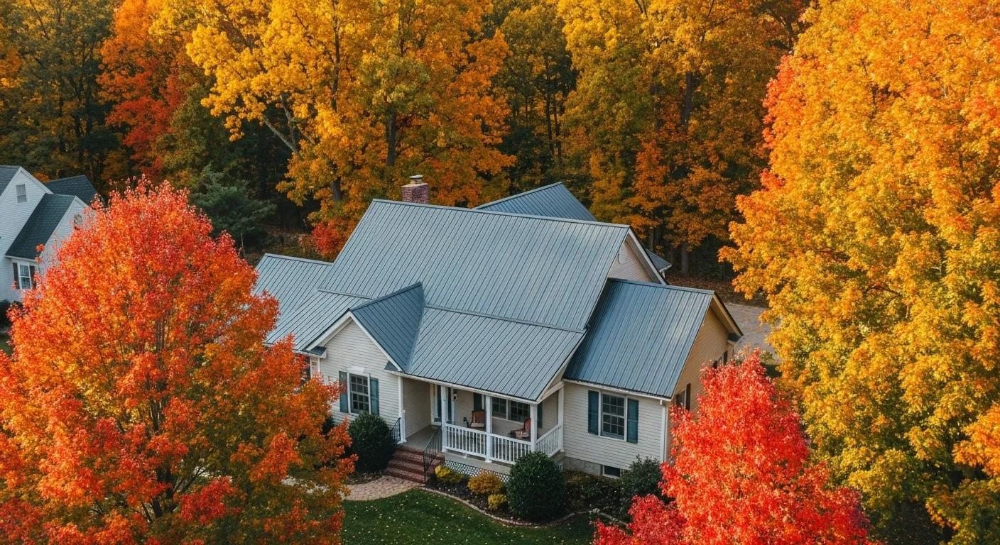 Newly installed metal roof on a suburban home surrounded by autumn foliage