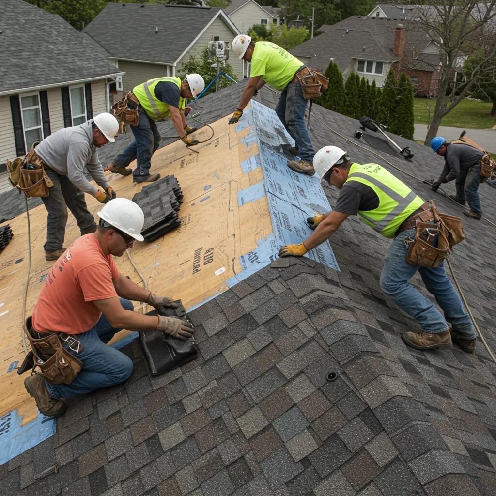 Certified roofing team installing shingles on a house during a roof replacement