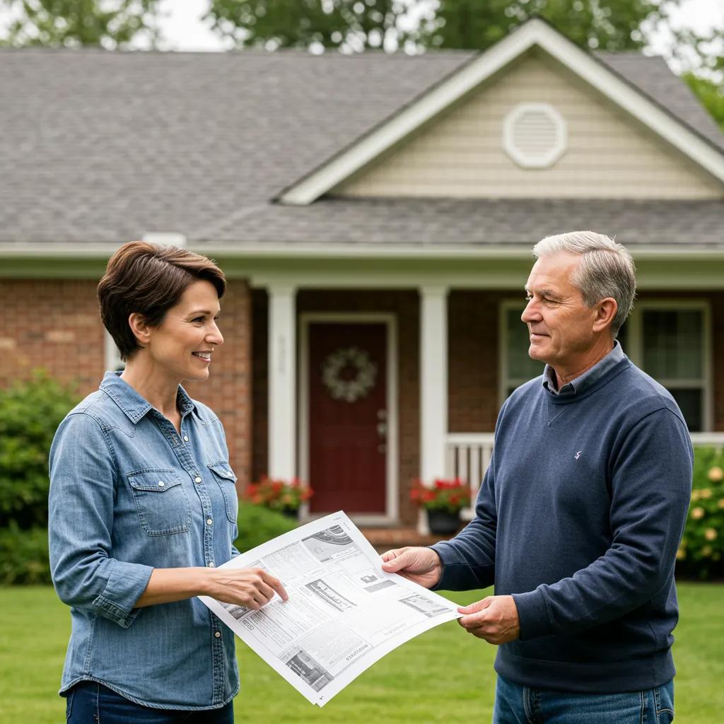 Homeowner discussing roofing options with a contractor at a residential property