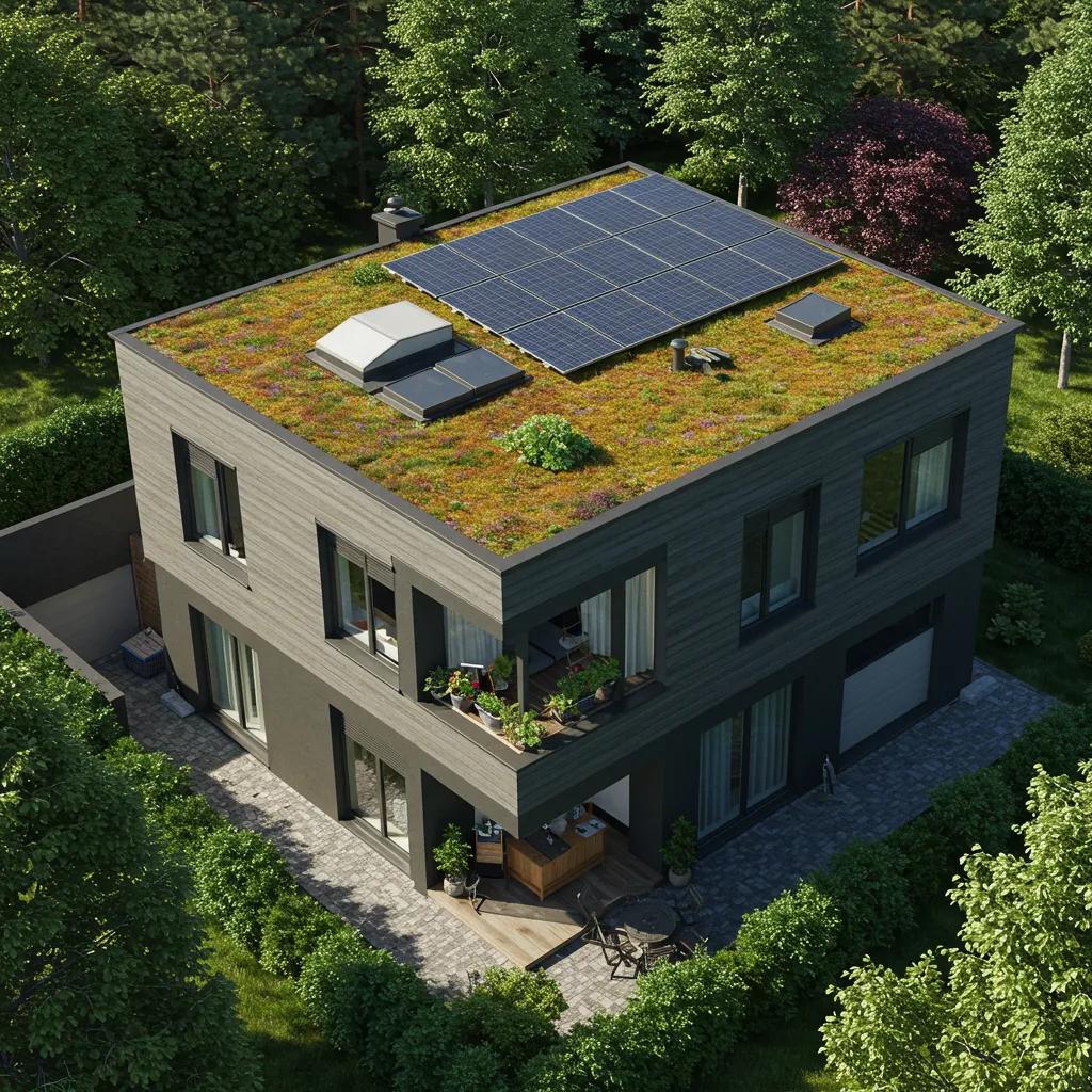 Modern home featuring a green roof and solar panels, emphasizing sustainability and energy efficiency