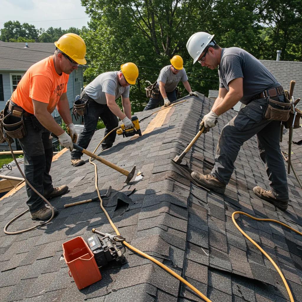 Roofing team replacing shingles on a residential roof
